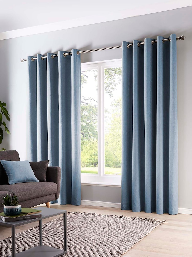 Fusion Light Blue Sorbonne 100% Cotton Pair of Eyelet Room Darkening Curtains - Image 2 of 3