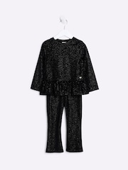 River Island Black Velvet Girls Peplum 100% Cotton Top and Trousers Set - Image 1 of 3