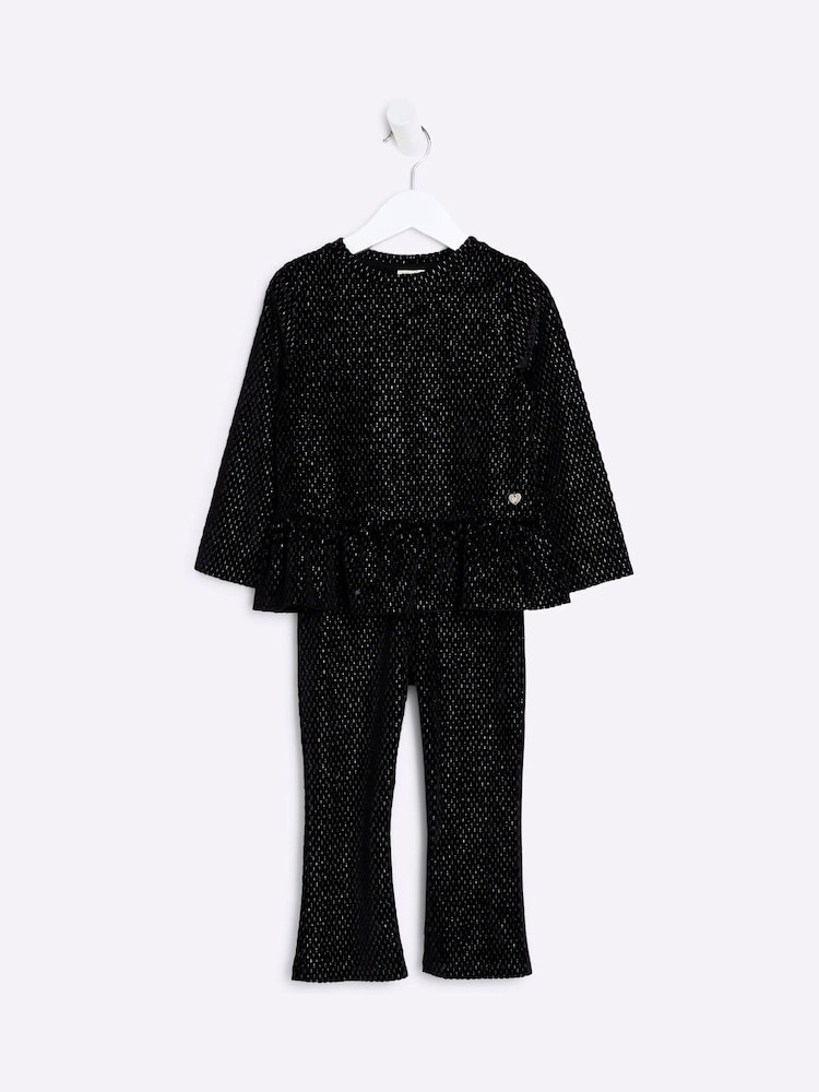 River Island Black Velvet Girls Peplum 100% Cotton Top and Trousers Set - Image 1 of 3