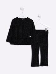 River Island Black Velvet Girls Peplum 100% Cotton Top and Trousers Set - Image 2 of 3
