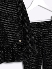 River Island Black Velvet Girls Peplum 100% Cotton Top and Trousers Set - Image 3 of 3