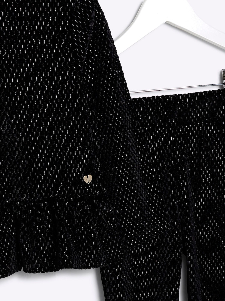 River Island Black Velvet Girls Peplum 100% Cotton Top and Trousers Set - Image 3 of 3