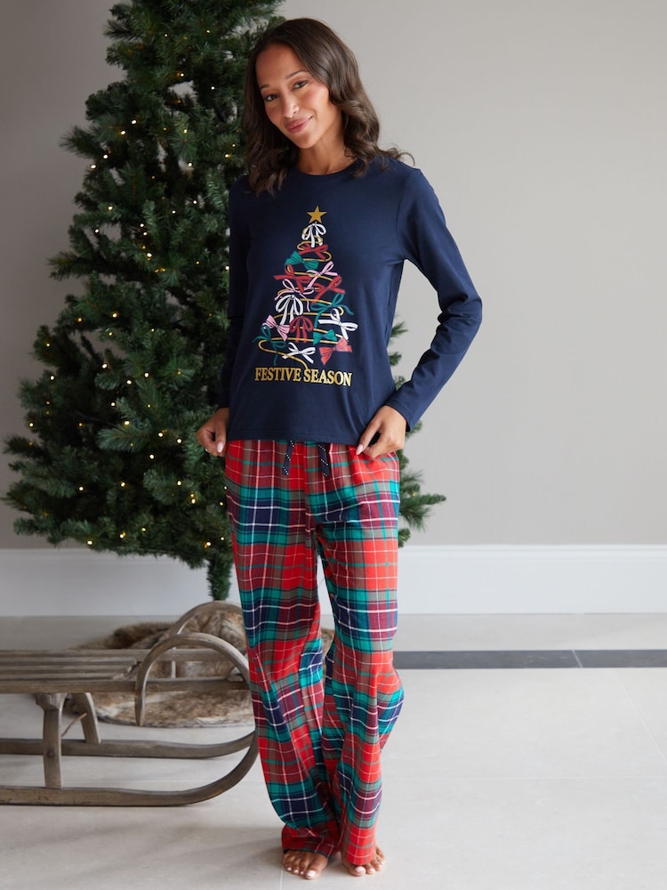 Threadbare Blue 100% Cotton Long Sleeve Christmas Check Pyjamas Set - Image 1 of 5