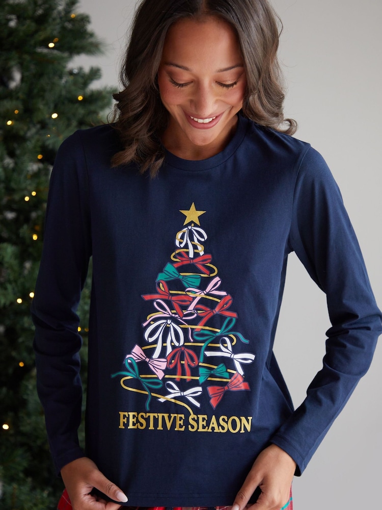 Threadbare Blue 100% Cotton Long Sleeve Christmas Check Pyjamas Set - Image 5 of 5