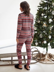 Threadbare Red 100% Cotton Long Sleeve Christmas Fairisle Pyjamas Set - Image 5 of 5