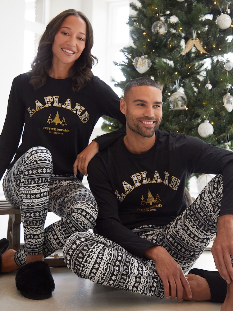 Threadbare Black 100% Cotton Long Sleeve Christmas Fairisle Pyjamas Set - Image 5 of 5
