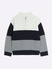 River Island Blue Boys Blocked Quarter Zip 100% Cotton Jumper - Image 1 of 4