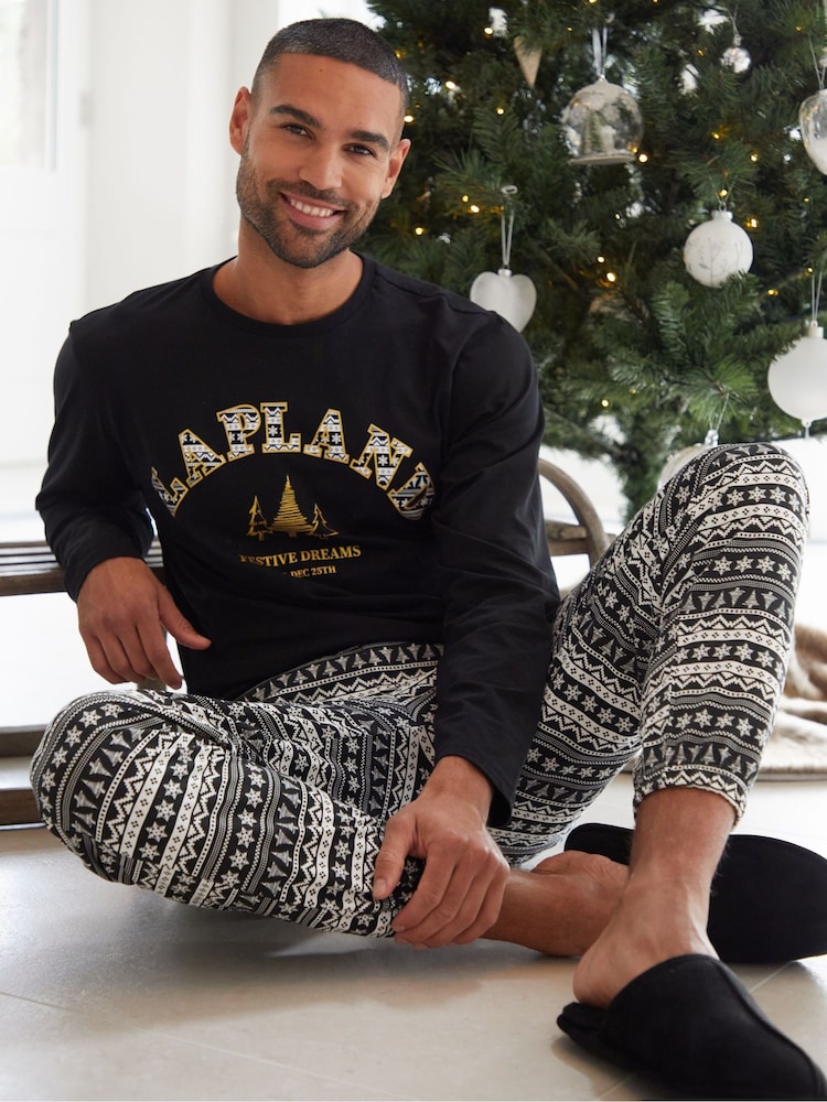 Threadbare Black 100% Cotton Long Sleeve Christmas Fairisle Pattern Pyjamas Set - Image 1 of 5