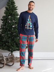 Threadbare Blue Cotton Long Sleeves Check Christmas 100% Cotton Pyjamas Set - Image 1 of 5