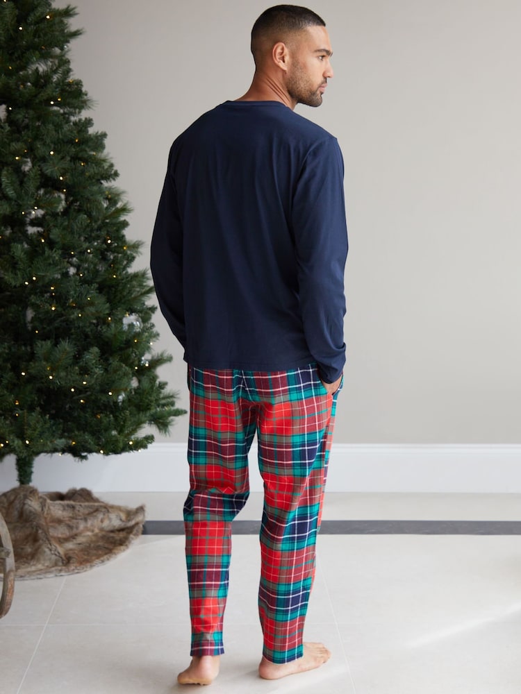Threadbare Blue Cotton Long Sleeves Check Christmas 100% Cotton Pyjamas Set - Image 2 of 5