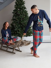 Threadbare Blue Cotton Long Sleeves Check Christmas 100% Cotton Pyjamas Set - Image 3 of 5