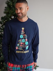 Threadbare Blue Cotton Long Sleeves Check Christmas 100% Cotton Pyjamas Set - Image 4 of 5