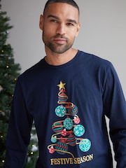Threadbare Blue Cotton Long Sleeves Check Christmas 100% Cotton Pyjamas Set - Image 5 of 5