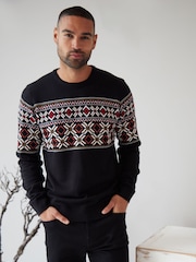 Threadbare Black Fairisle Pattern Knitted Christmas Jumper - Image 1 of 5