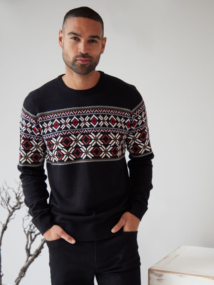 Threadbare Black Fairisle Pattern Knitted Christmas Jumper - Image 1 of 5