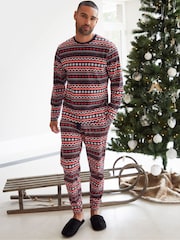 Threadbare Red 100% Cotton Long Sleeve Christmas Fairisle Pattern Pyjamas Set - Image 1 of 5