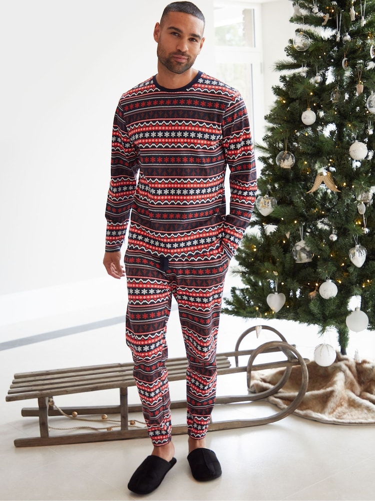 Threadbare Red 100% Cotton Long Sleeve Christmas Fairisle Pattern Pyjamas Set - Image 1 of 5