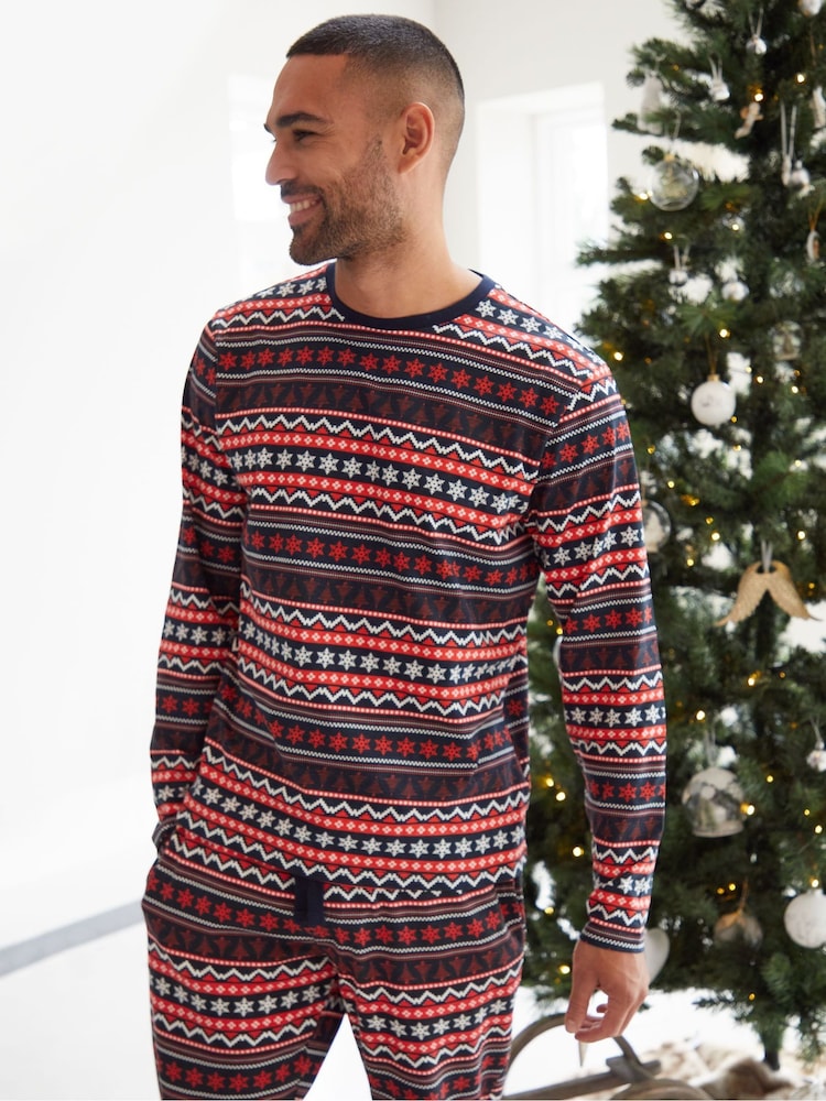 Threadbare Red 100% Cotton Long Sleeve Christmas Fairisle Pattern Pyjamas Set - Image 2 of 5