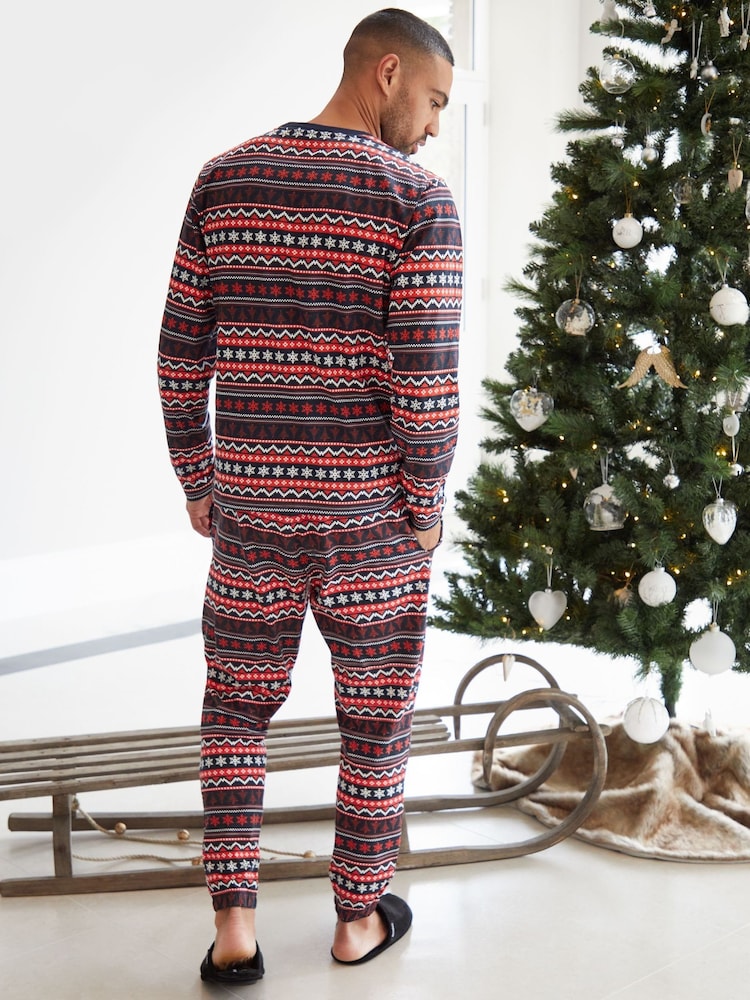 Threadbare Red 100% Cotton Long Sleeve Christmas Fairisle Pattern Pyjamas Set - Image 5 of 5