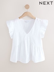 White 100% Cotton Broidery V-Neck T-Shirt - Image 1 of 1