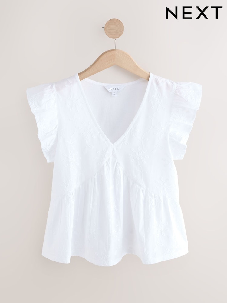 White 100% Cotton Broidery V-Neck T-Shirt - Image 1 of 1