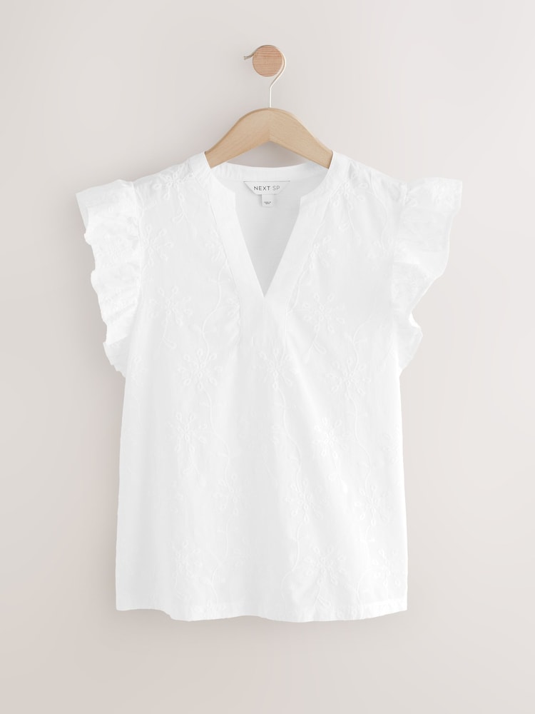 White Broidery Short Sleeves 100% Cotton T-Shirt - Image 1 of 3