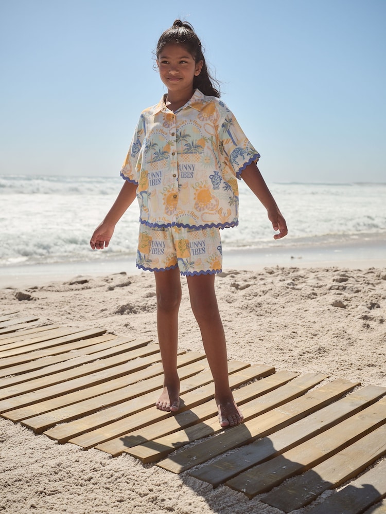 Blue/Yellow Resort Print 100% Cotton Shirt And Shorts Co-ord Set (3-16yrs) - Image 1 of 10
