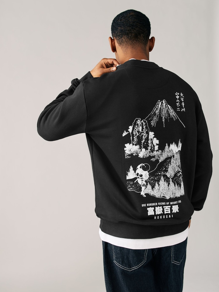 Black Crew Sweatshirt Hokusai Graphic License Crew Sweatshirt - Image 1 of 10