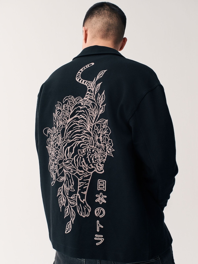 Black Embroidered Graphic Print Shacket - Image 1 of 11 Black Embroidered Graphic Print Shacket - Image 1 of 11