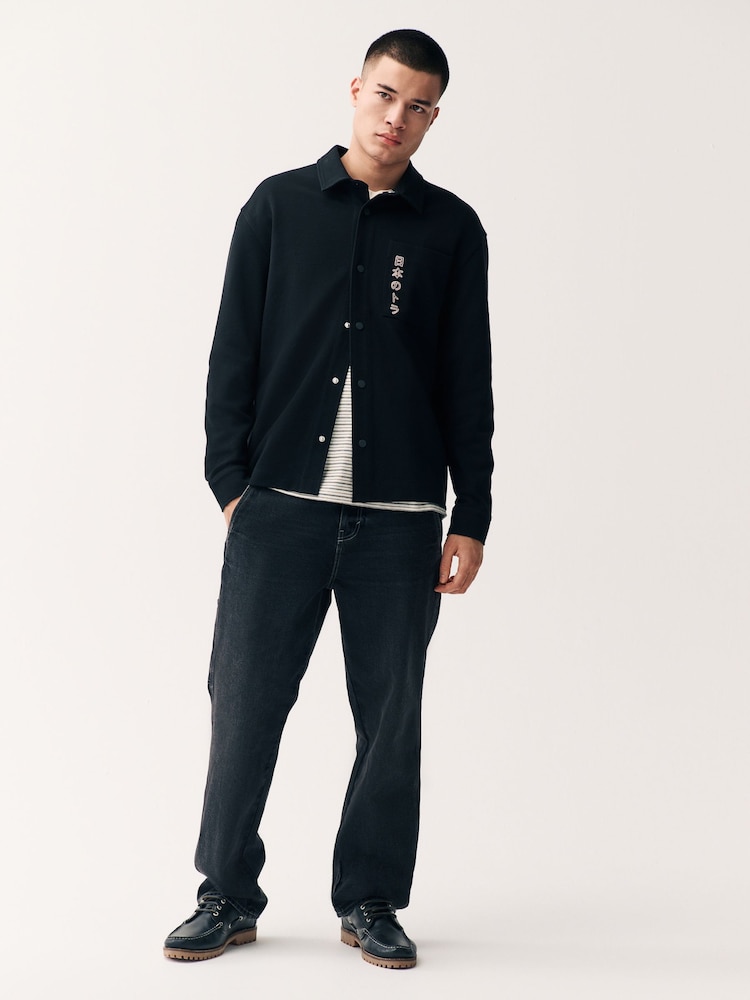 Black Embroidered Graphic Print Shacket - Image 2 of 11 Black Embroidered Graphic Print Shacket - Image 2 of 11