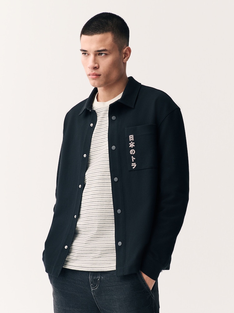 Black Embroidered Graphic Print Shacket - Image 3 of 11