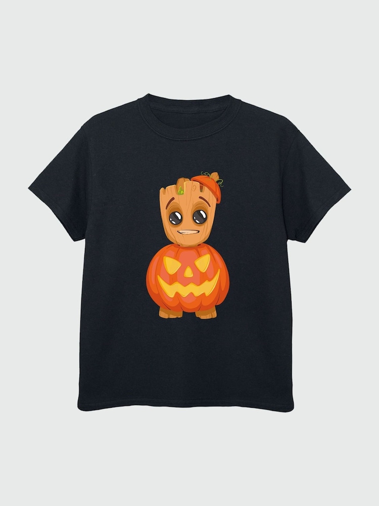 Brands In Black Boys Halloween Marvel Pumpkin Groot 100% Cotton T-Shirt - Image 2 of 3