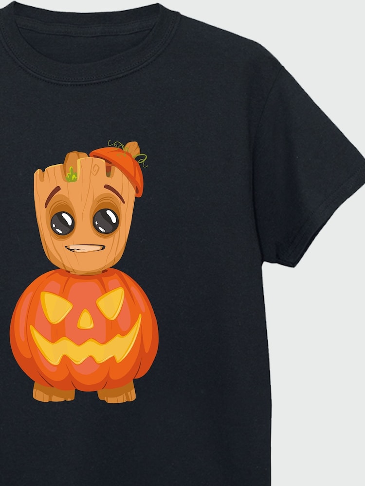 Brands In Black Boys Halloween Marvel Pumpkin Groot 100% Cotton T-Shirt - Image 3 of 3