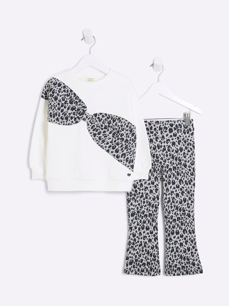 River Island Cream Girls Leopard Print Bow 100% Cotton Sweatshirt - Image 1 of 5