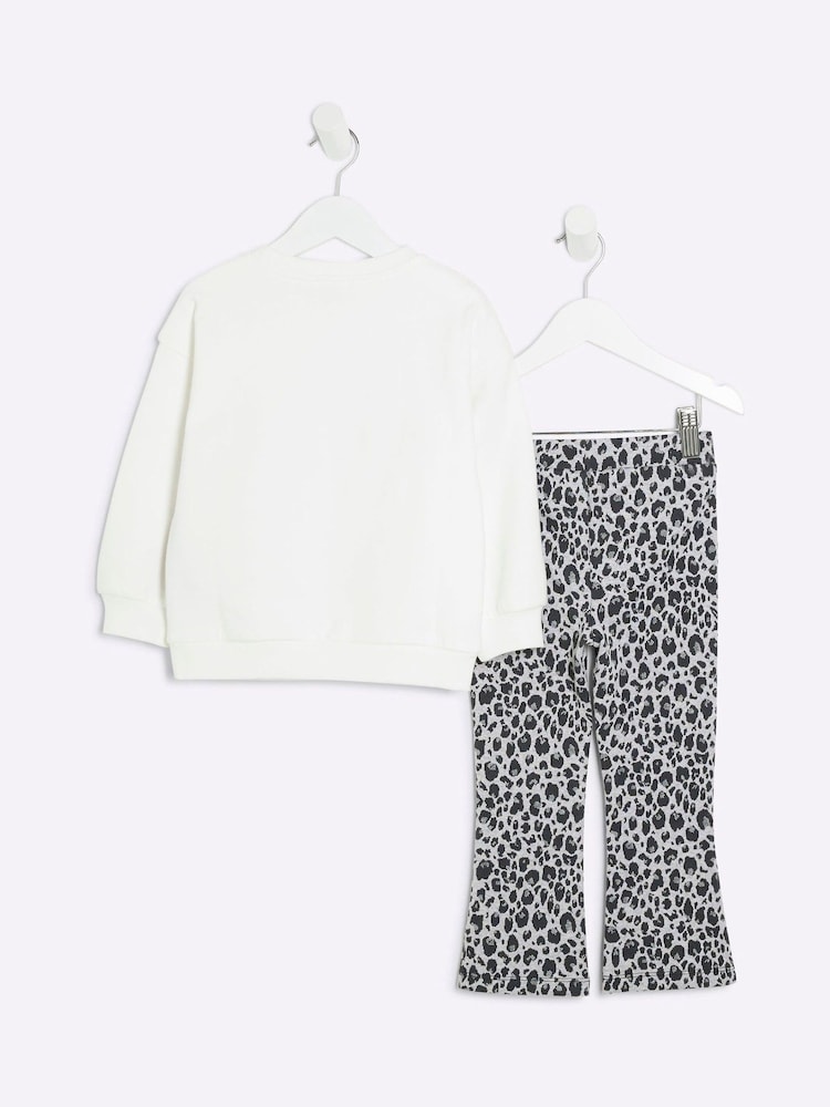 River Island Cream Girls Leopard Print Bow 100% Cotton Sweatshirt - Image 2 of 5