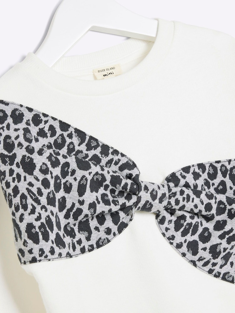River Island Cream Girls Leopard Print Bow 100% Cotton Sweatshirt - Image 5 of 5