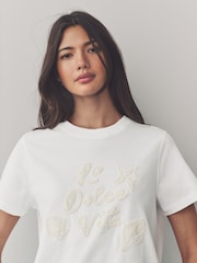 Blanco - 100% Cotton Beaded Graphic Embellished T-Shirt - Imagen 5 de 8