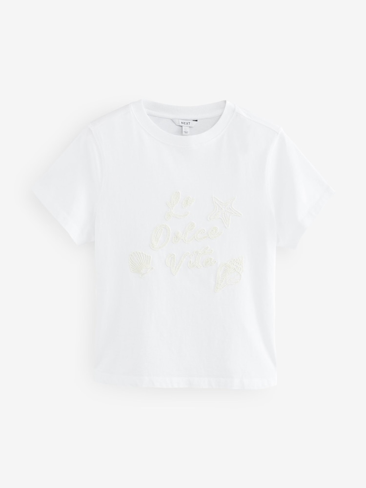 White 100% Cotton Beaded Graphic Embellished T-Shirt - Image 6 of 8