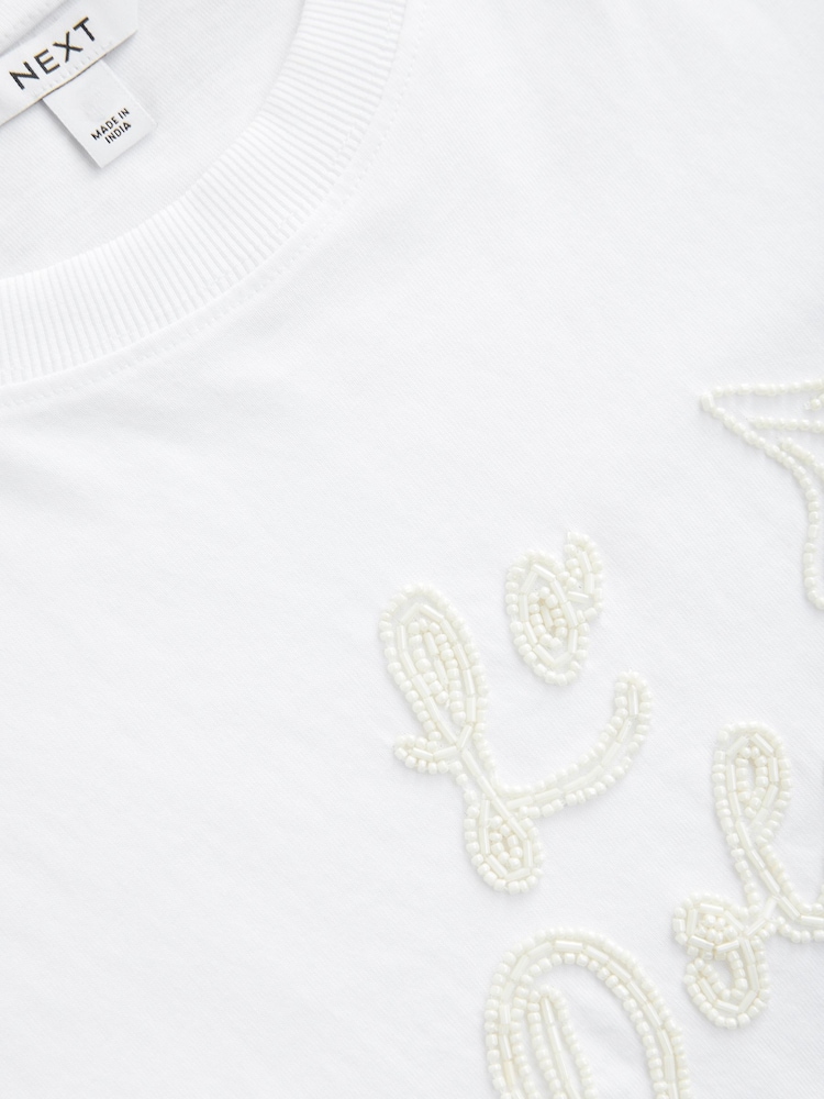 White 100% Cotton Beaded Graphic Embellished T-Shirt - Image 7 of 8