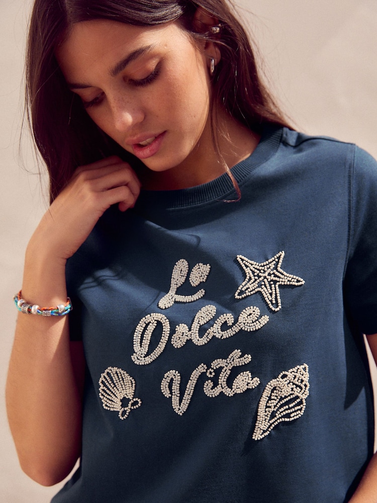 Navy - 100% Cotton Beaded Graphic Embellished T-Shirt - Image 1 of 8