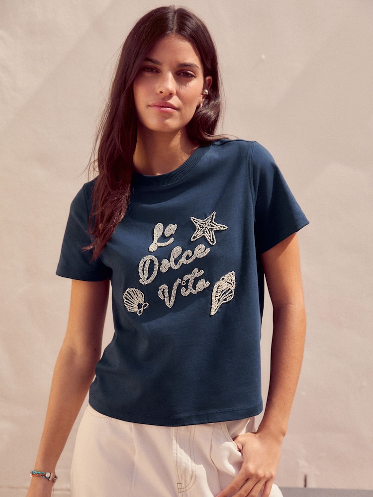 Navy 100% Cotton Beaded Graphic Embellished T-Shirt - Image 3 of 8