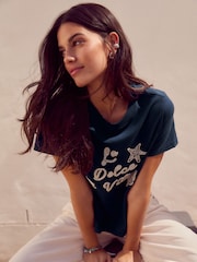 Navy - 100% Cotton Beaded Graphic Embellished T-Shirt - Image 4 of 8