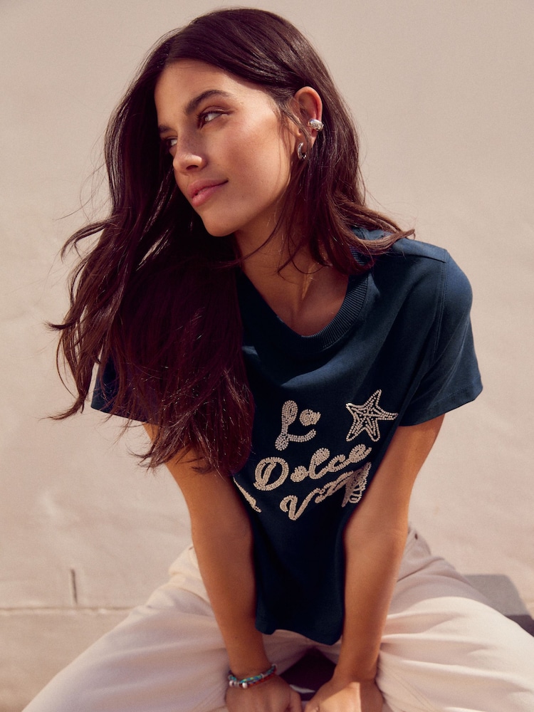 Navy 100% Cotton Beaded Graphic Embellished T-Shirt - Image 4 of 8