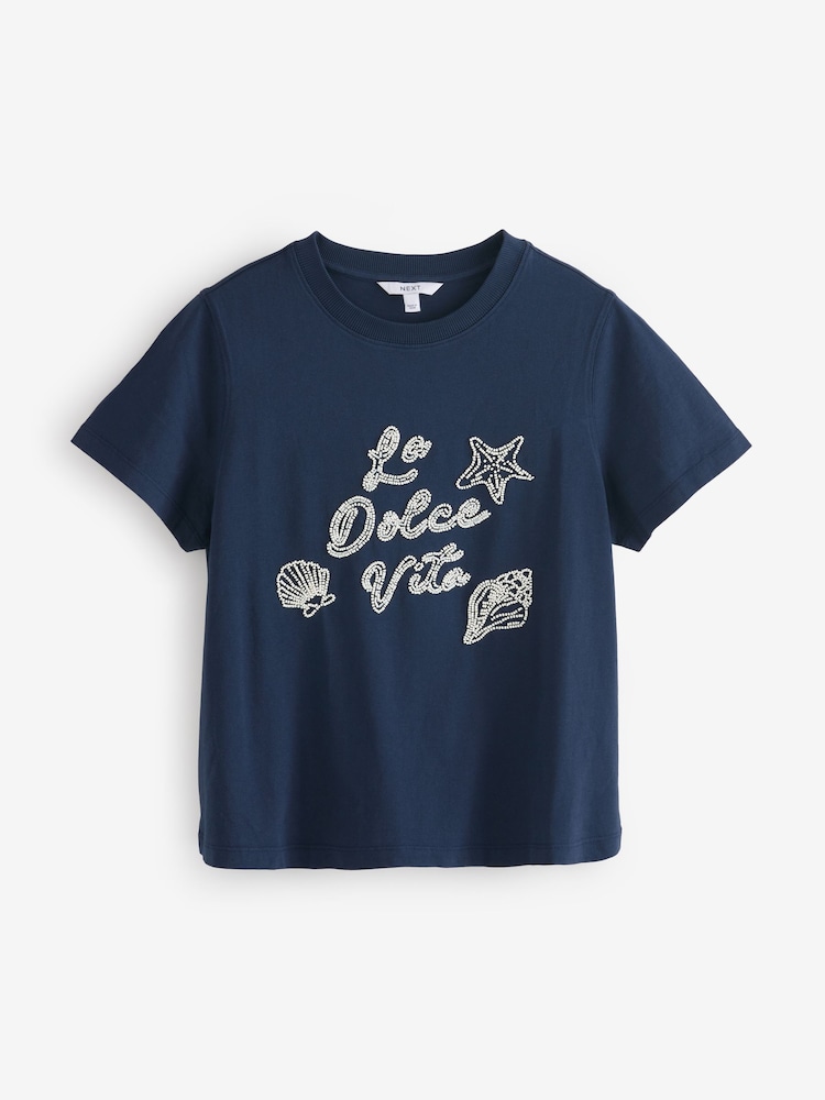 Navy 100% Cotton Beaded Graphic Embellished T-Shirt - Image 5 of 8