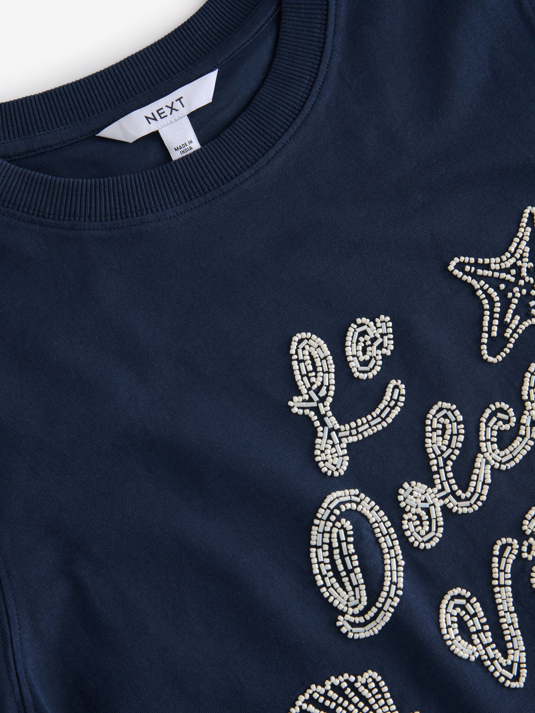 Buy Navy 100% Cotton Beaded Graphic Embellished T-Shirt from Next