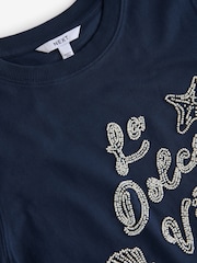 Navy - 100% Cotton Beaded Graphic Embellished T-Shirt - Image 6 of 8