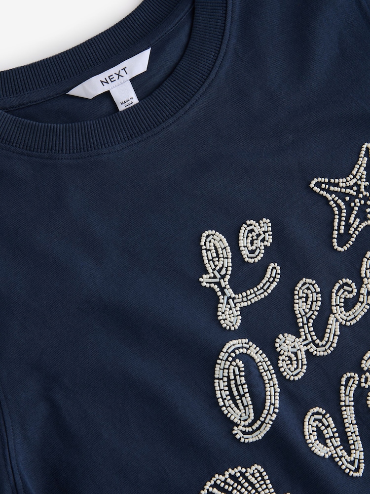Navy 100% Cotton Beaded Graphic Embellished T-Shirt - Image 6 of 8