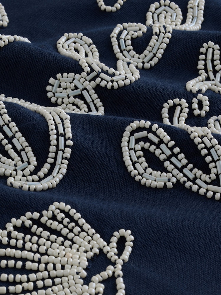 Navy 100% Cotton Beaded Graphic Embellished T-Shirt - Image 7 of 8