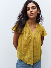 Коричневато-желтый - V-Neck Short Sleeve Lace Blouse - Image 3 of 6