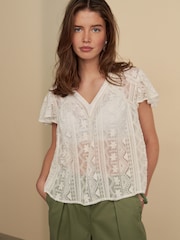 Белый - V-Neck Short Sleeve Lace Blouse - Image 2 of 7